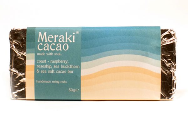 raw cacao bar flavoured with raspberry, rosehips, sea buckthorn and sea salt