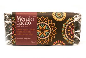 Meraki Cacao Turkish Nights. Coffee, hazelnut & white mulberry. Suitable for vegans